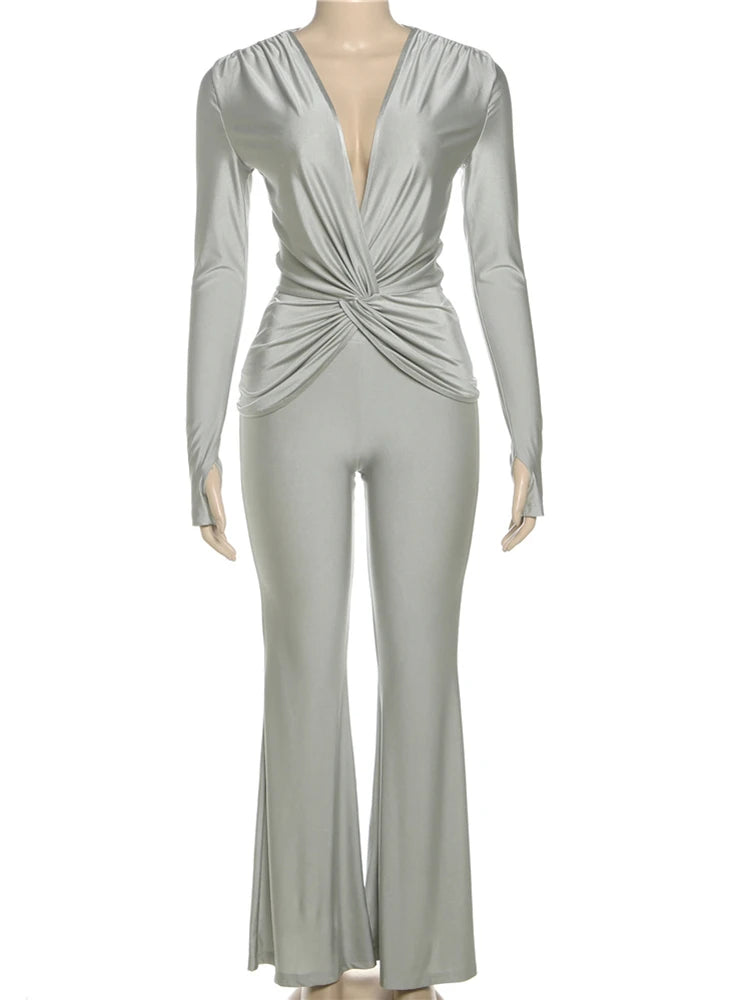 Casual Elegant 2 Piece Set Women Kink Design V-Neck Full Sleeve Tops+Straight Flared Pants Daily Simple Fashion Suits