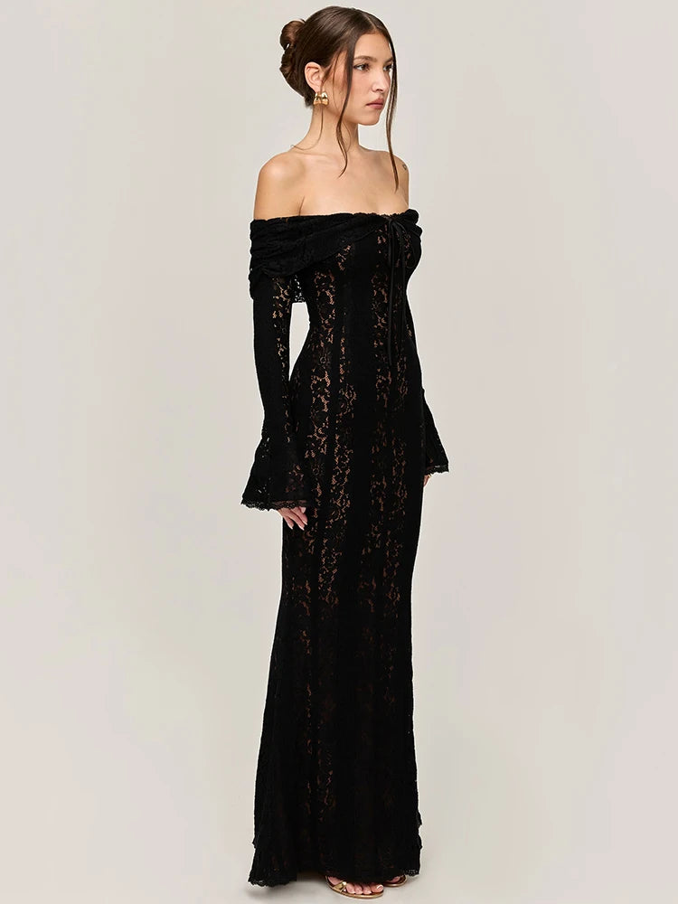Lace Off-shoulder Sexy Maxi Dress Women Strapless Backless Long Sleeve Bodycon Evening Club Party Long Dress Elegant