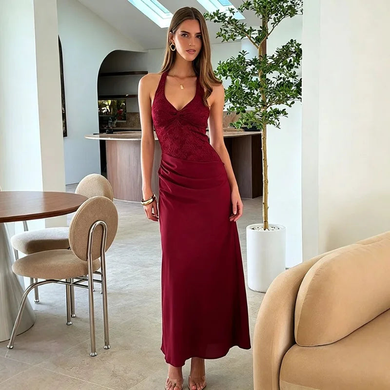 Halter Maxi Dress Lace Satin Patchwork Elegant Sexy Party Dresses for Woman Birthday Outfits
