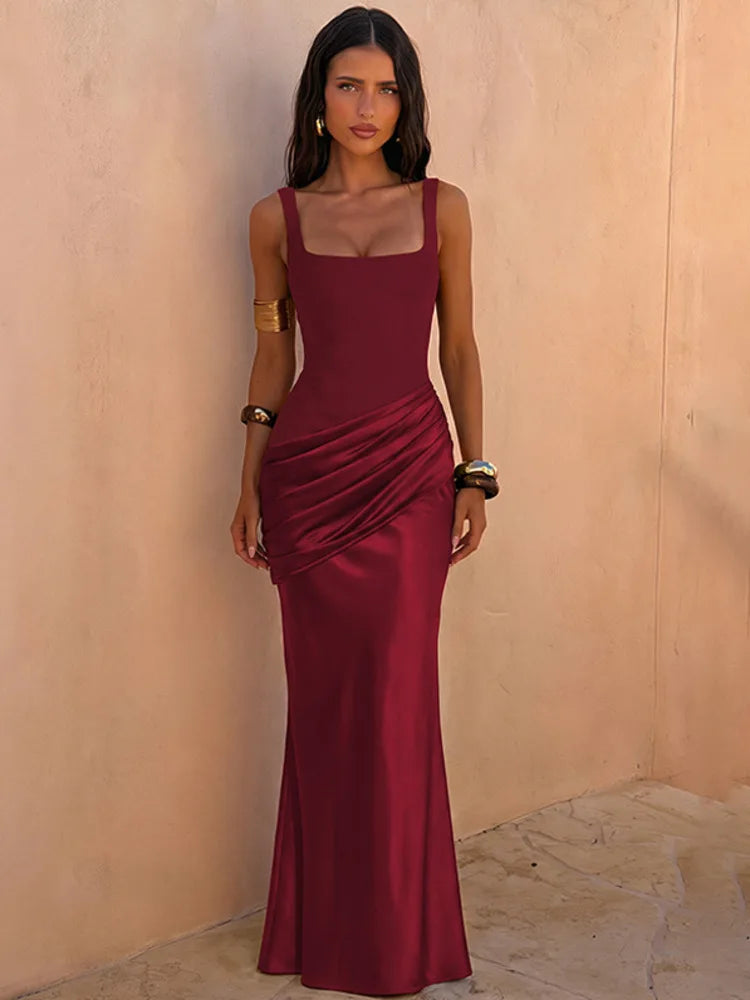 Women Mermaid Maxi Dress Square Neck Sleeveless Ruched Bodycon Long Dress Evening Party Formal Wedding Guest Dresses
