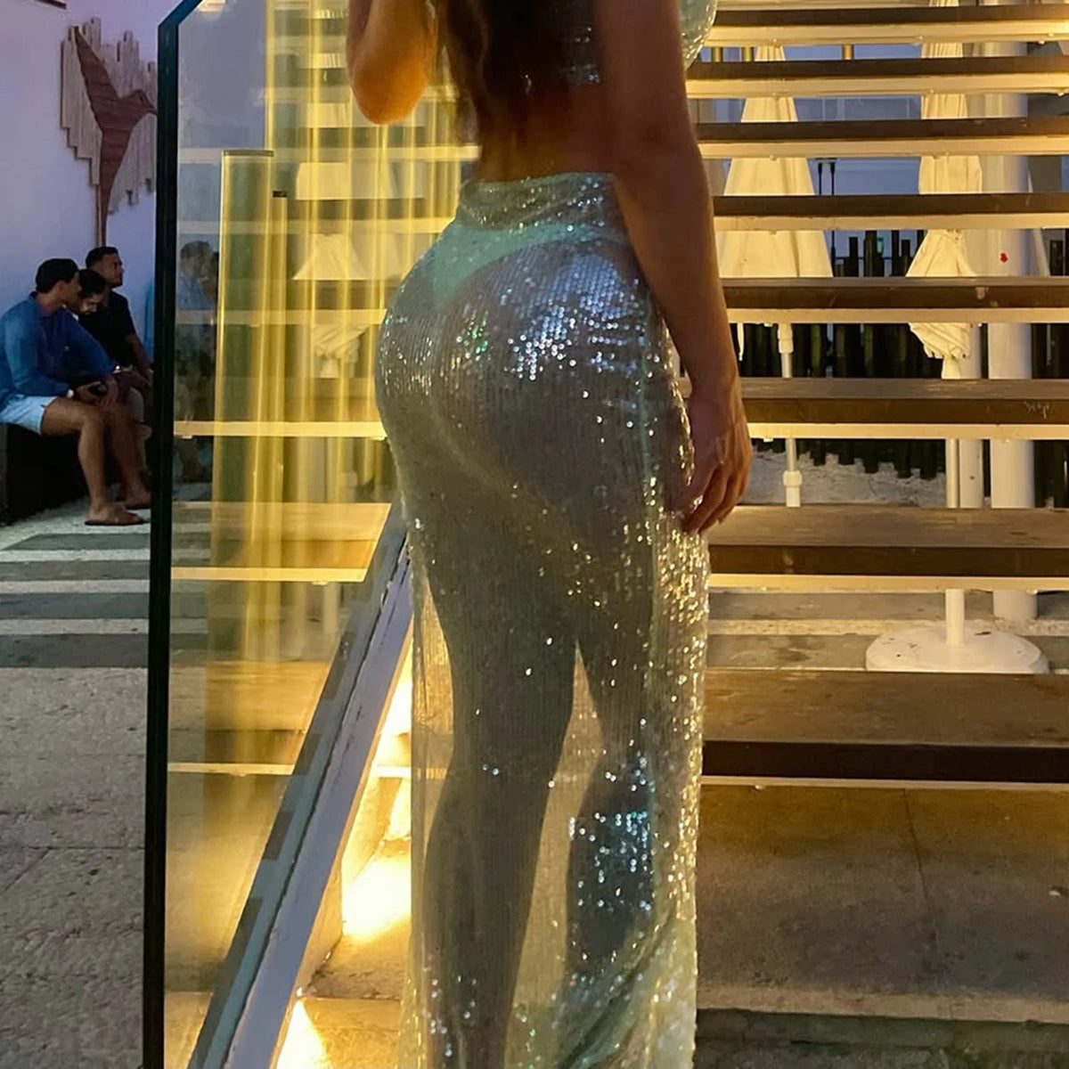 Women Sequin Sheer Skirt Sparkly Elastic Waist See Through Long Bodycon Skirt for Party Clubwear Summer Holiday Beach