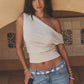 Asymmetrical One Shoulder Ruched Casual Draped Top Women Y2K Striped Off Shoulder T-Shirt Short Sleeve Cinched Waist Top