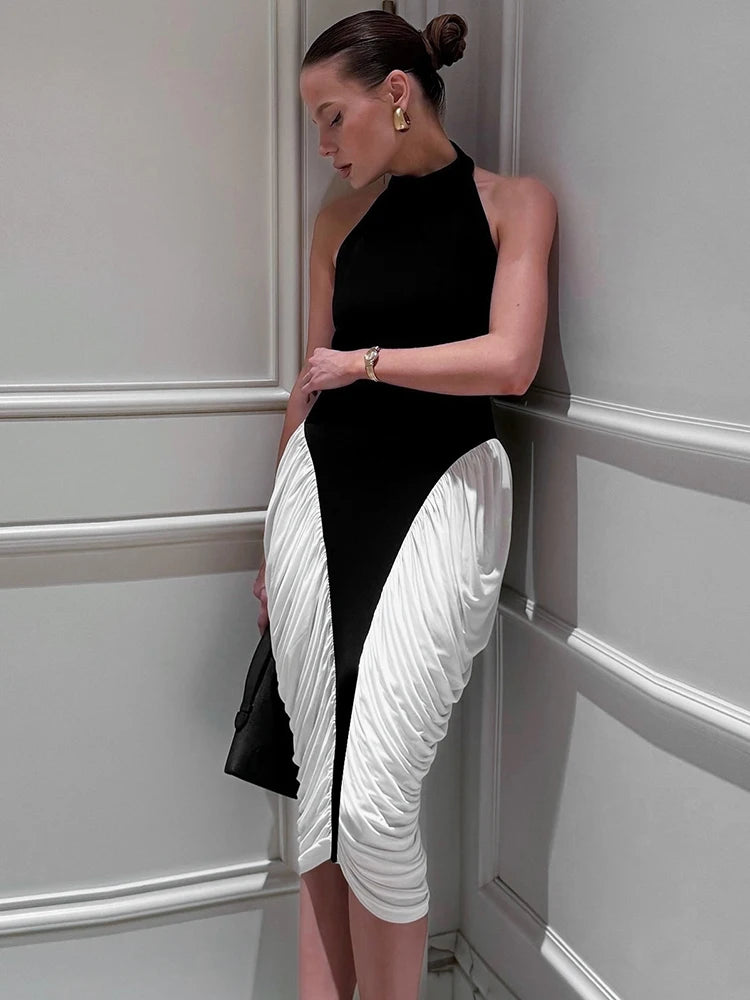 Contrast Patchwork Dress Women Sexy Backless Halter Pleated Y2K Sleeveless Slim Elegant Midnight Club Party Bodycon
