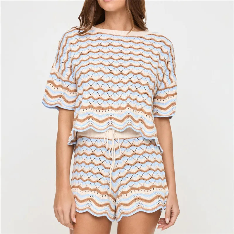 Women Boho Knit Striped Short Sleeve Eyelet Embroidered Hollowed Crop Top and Drawstring Micro Shorts 2 Pcs Matching Set