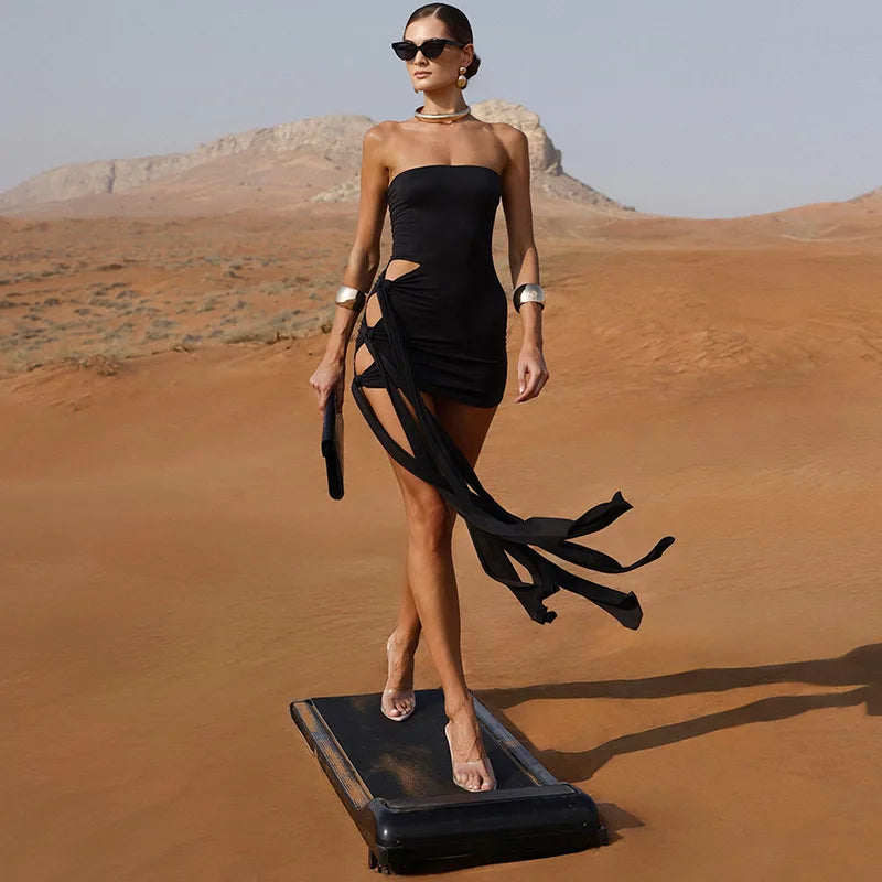 Asymmetrical Cutout Strapless Mini Dresses Women Fashion Summer Black White Dress Sexy Party Outfits Clubwear