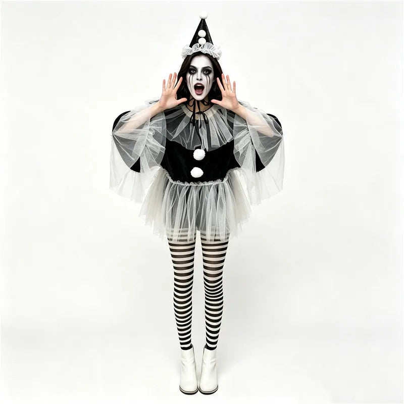 Circus Pierrot Clown Costume Women Short Cape Top Tulle Trim Pom Pom Decor Halloween Themed Cosplay Fancy Dress Outfit