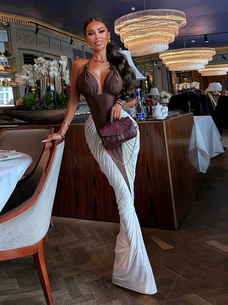 Halter Ruched Dress Women Bandages Sexy Patchwork Backless Thin Slit Summer Clubwear Birthday Party Ruched Vestidos