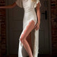 Women Satin Sexy Maxi Dress Cowl Neck Flutter Short Sleeve Lace Trim High Slit Floor‑Length Evening Party Long Dresses