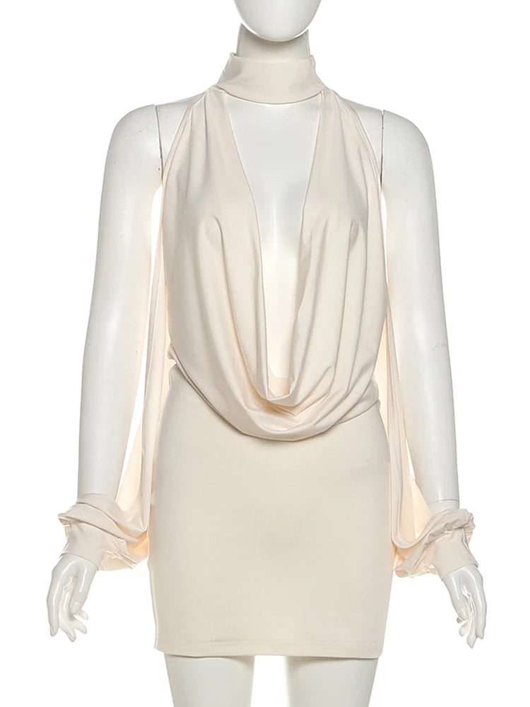 Sexy Swing Collar Dress Women Hollow Lantern Sleeve Halter Trend Birthday Party Club Stretch Streetwear Mini Bodycon