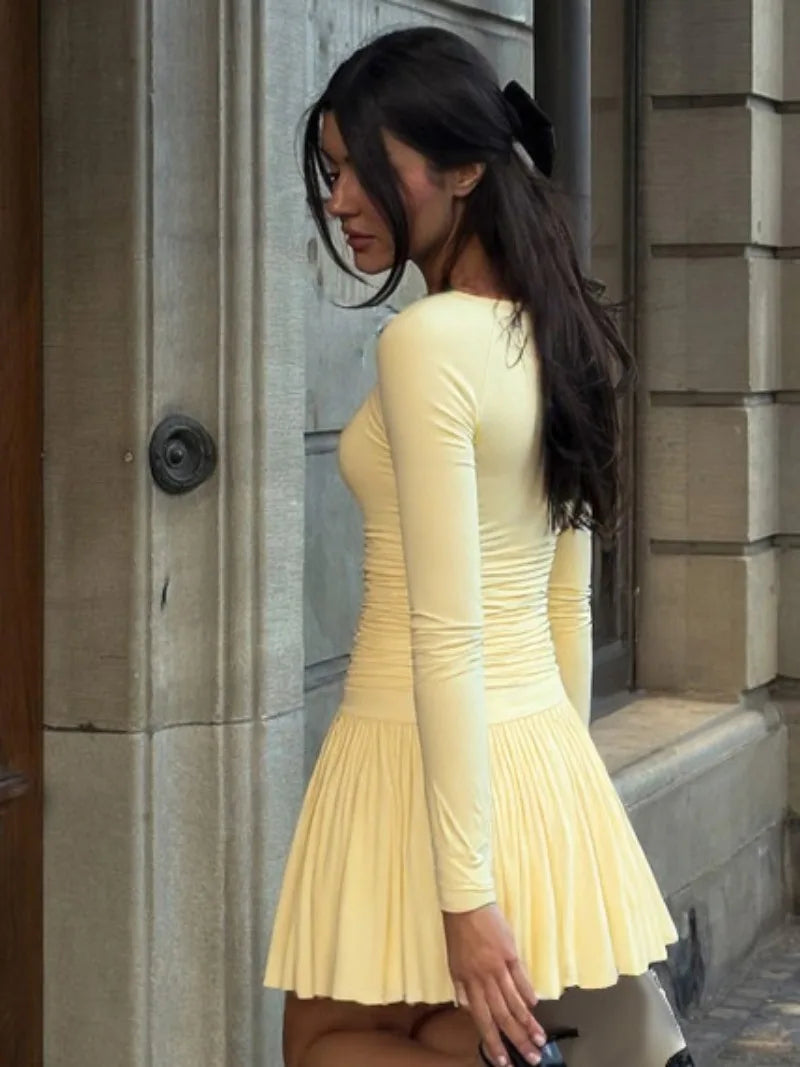 Deep V Neck Long Sleeve Dresses Sexy Outfits Women Fall 2025 Elegant Yellow Pleated Mini Dress