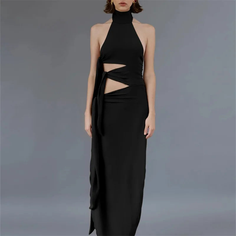 Sexy Asymmetrical Black Dress Party Tie Up Hollow Out Halter Backless Split Long Dresses for Woman