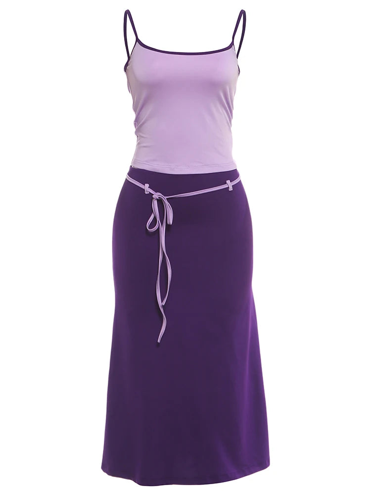 Casual Fashion 2 Piece Set Woman Low-Neck Backless Skinny Camisoles Tops+Bandage Tassel Decoration Long Skirts Suits