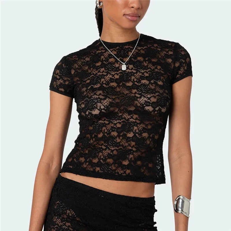 Women Sheer Floral Lace Crop Top Short Sleeve Round Neck Slim Fit See Through Blouse Summer Casual Streetwear Y2K Outfit