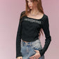 Cropped Long-Sleeve T-shirt with Letter Print, Y2K U-Neck Streetwear Tops for Women, Fashion Casual Tee for Daily Outfit