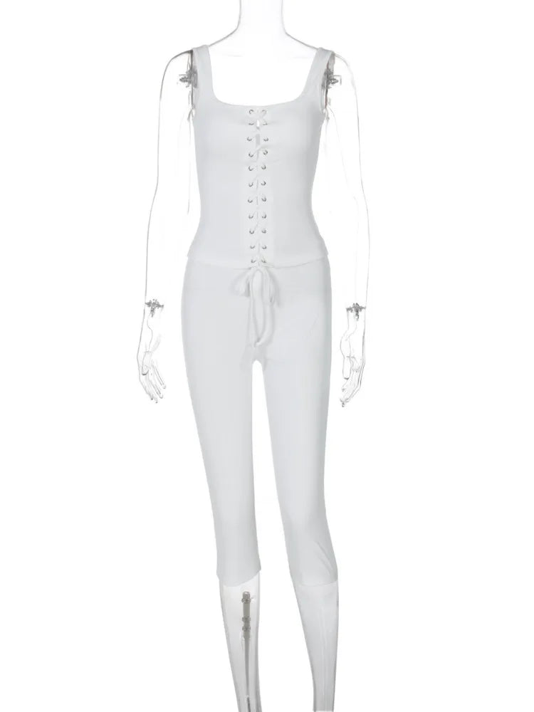 Sexy Ribbed Shorts 2 Piece Sets Women Bandage Sleeveless Tops And Skinny Shorts Fashion Lace-up Tops Two Piece Sets