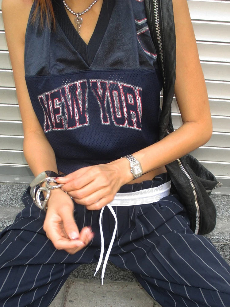 Letter Print V-Neck Vest Women Patchwork Hater Backless Skinny Sporty Sexy Summer Street Wild Simple Classic Tank Top