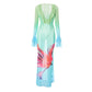 See Through Floral Gradient Mesh Dress Sexy Beach Vacation Outfits Ruffled Flare Sleeve Long Flowy Dresses