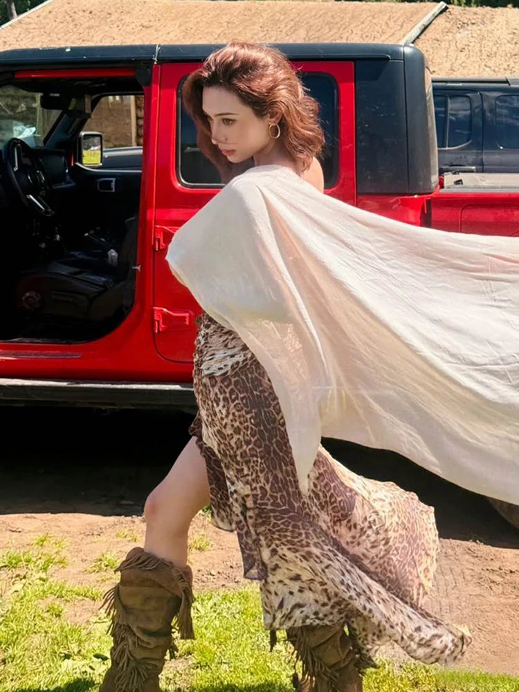 Sexy Leopard Slip Dress Women Irregular Seashell Ruched Tail Swing Skinny Club Beach Vacation Music Festival Bodycon