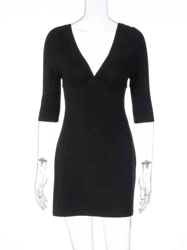 Deep V Neck Half Sleeve Sexy Mini Dress Women Elegant Black Backless Night Out Bodycon Club Party Dresses Female