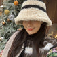 Sweet Striped Color Block Warm Plush Bucket Hat For Women