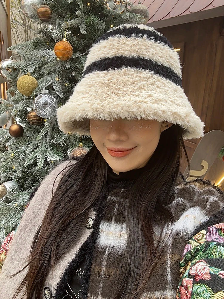 Sweet Striped Color Block Warm Plush Bucket Hat For Women
