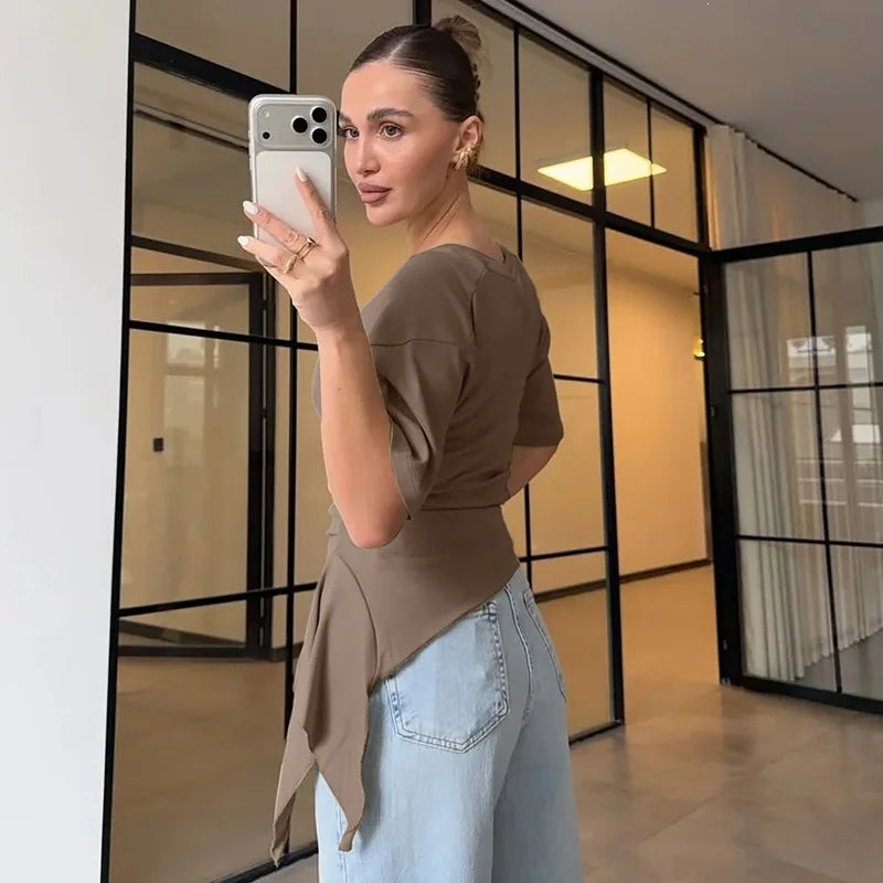 Crew Neck Short Sleeve Asymmetrical Tops Summer 2026 Fashion Tshirt Woman Clothes