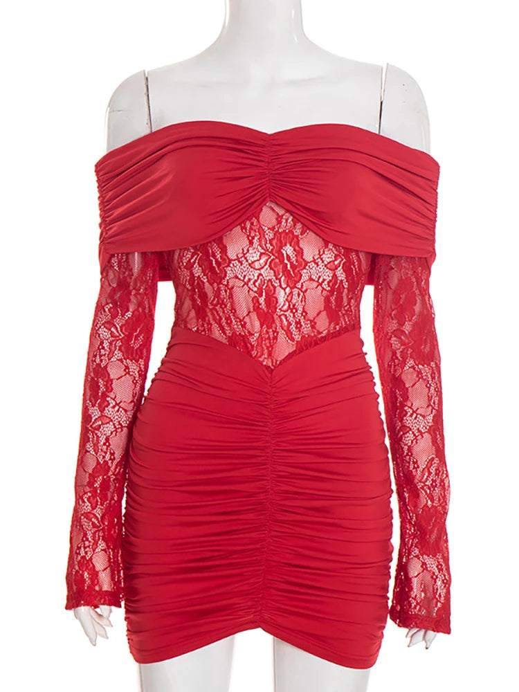 Off-shoulder Strapless Backless Sexy Mini Dress Women Gown Elegant Lace See Through Long Sleeve Ruched Club Party Dress