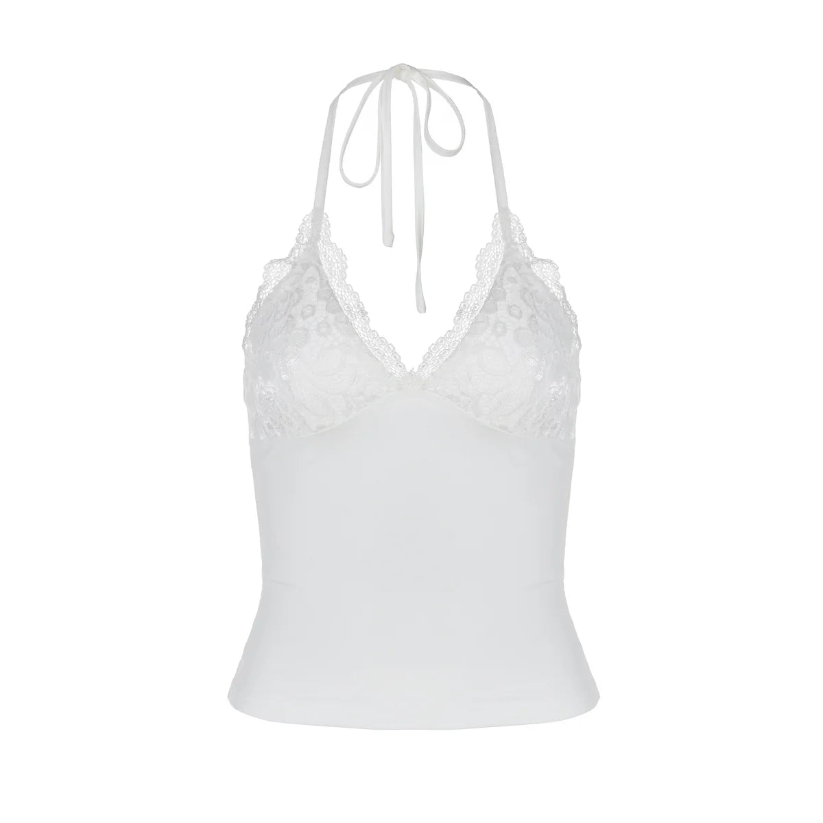 Lace Trim Deep V Halter Crop Tops White Sexy Tanks & Camis Fashion Clothes Going Out Top Women Club Wear