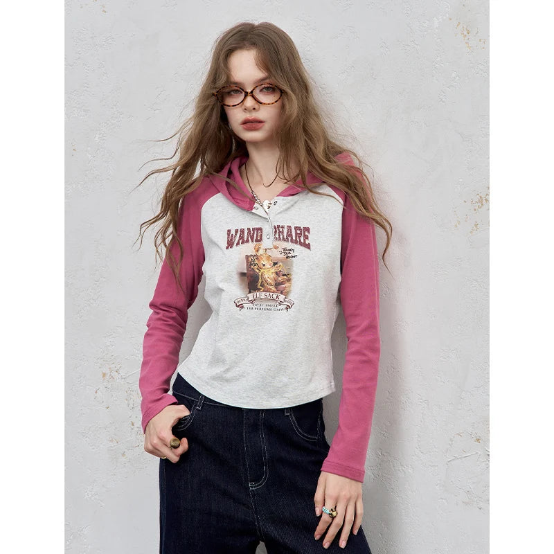 2025 Autumn New Arrivals Casual Print Hoodie Raglan Sleeve Color Block Long Sleeve Top For Women