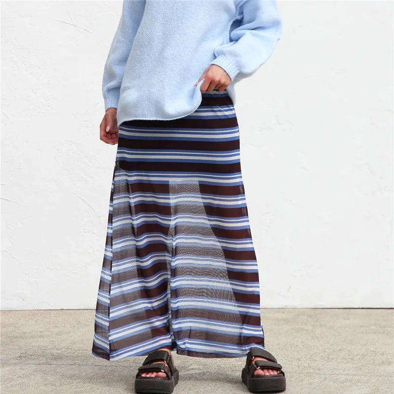 Y2K Casual Womens Striped See Through Mesh Long Skirt Elastic Waist Flared Hem Sheer Maxi Skirt Street Vacation Outfit
