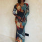 Colorful Print Dress Women Fashion Trend Skew Collar Puff Sleeve Stretch Elegant Vacation Party Club Long Bodycon