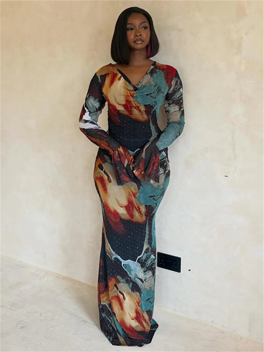 Colorful Print Dress Women Fashion Trend Skew Collar Puff Sleeve Stretch Elegant Vacation Party Club Long Bodycon