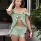 Elegant Women 2 Piece Set Y2K Slash Neck Ruffles Lace Up Crop Tops+Shorts Summer Trend Club Matching Midnight Outfits