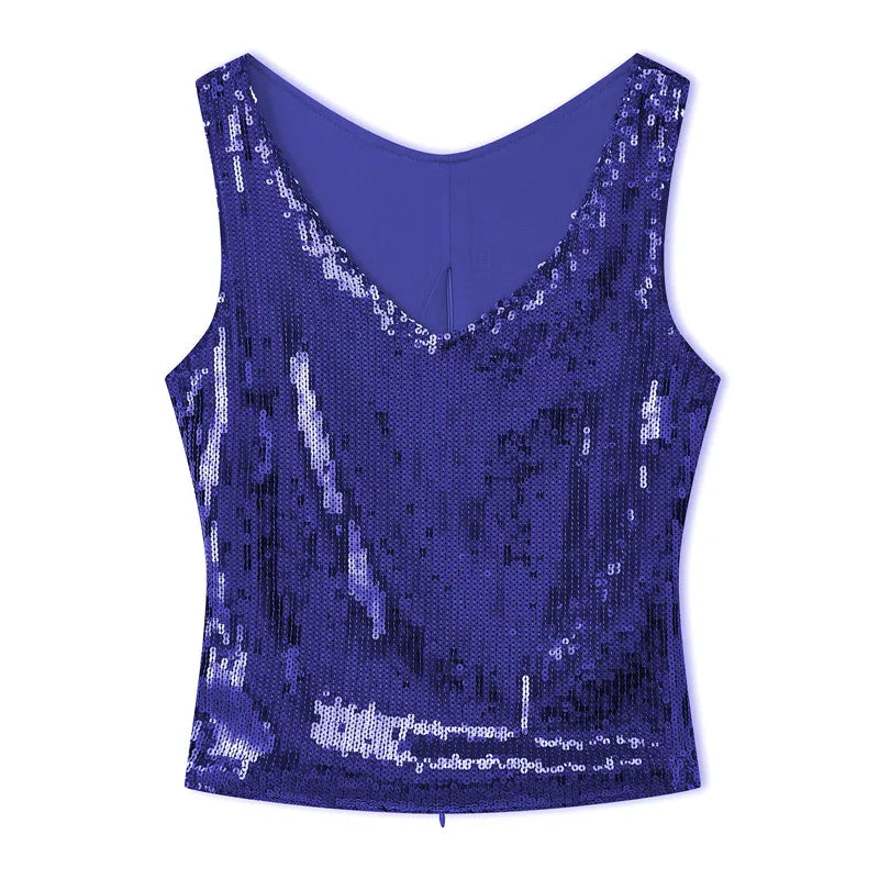 Y2K Glitter Shiny Sleeveless Shirt Vest Sequin Sparkle V Neck Tank Tops Women Slim Fitted Crop Top Festival Rave Clothes