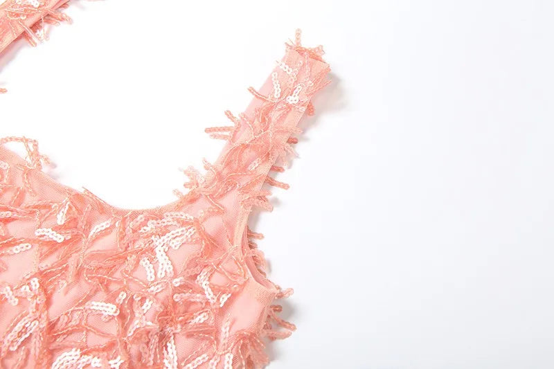 Sequins Fringed Mini Dresses Sexy Club Outfits for Woman Square Neck Sleeveless Backless Split Dress