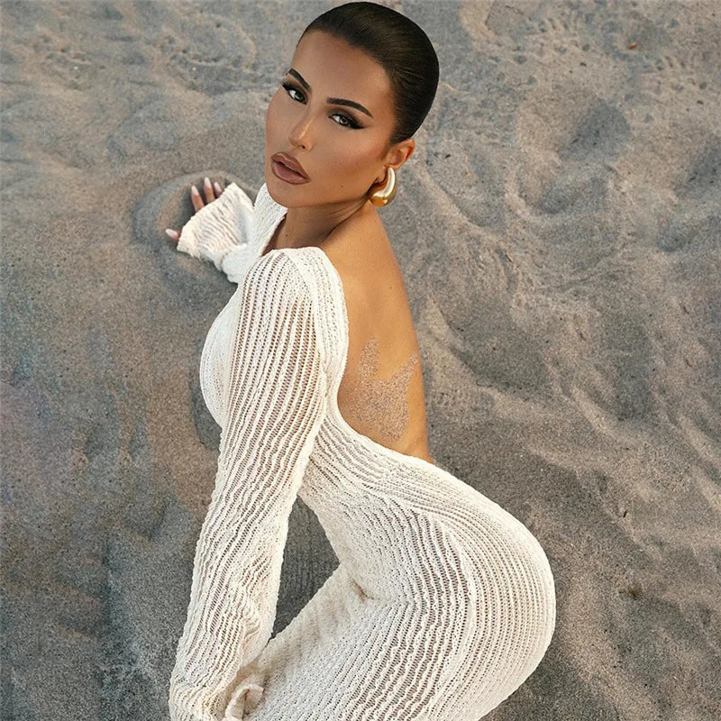 Sexy Backless Long Sleeve Slit Maxi Dress Elegant Sheer Knitted White Dresses Going Out Beach Vacation Outfit