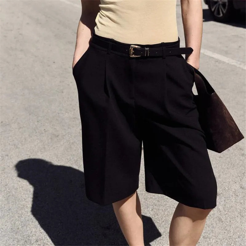 Women High Waist Pleated Bermuda Shorts Knee Length Wide Leg Suit Shorts Zipper Fly Casual Office Trouser Shorts