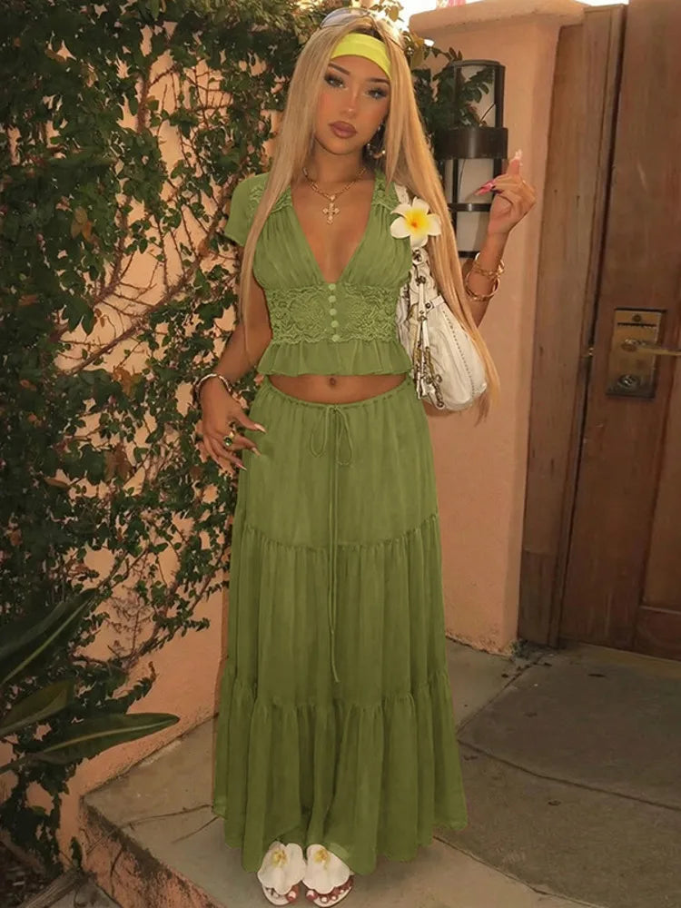 Elegant Chiffon Two Piece Set Women V Neck Short Sleeve Crop Top Maxi Skirt Matching Sets Female Club Party Dress Set