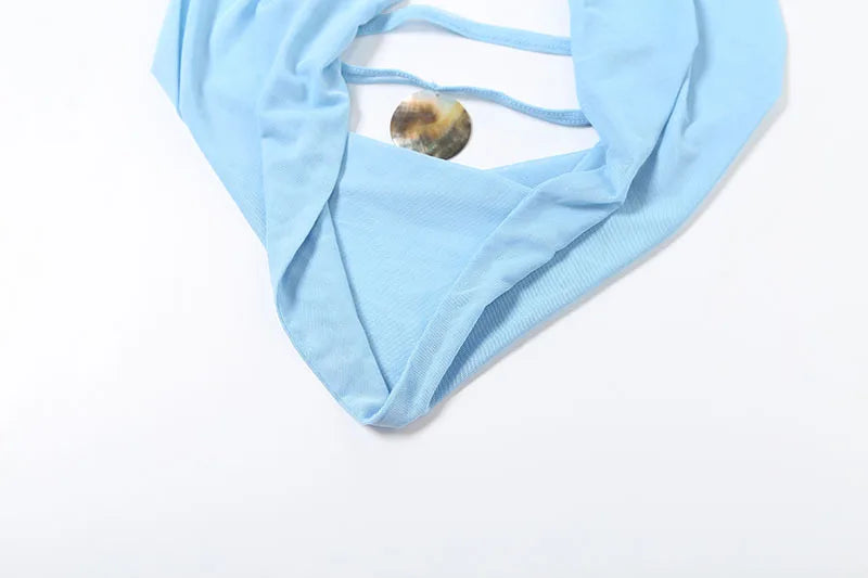 Blue Mesh See-through 2 Pieces Set for Woman Open Back Halter Top and Long Skirt Elegant Summer Outfit