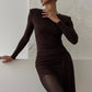Long Sleeve Draped Ruched Sexy Maxi Dress For Women Gown Fashion Solid O Neck Bodycon Club Elegant Mini Dress Vestido