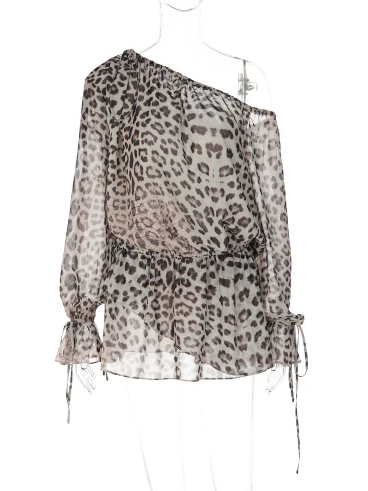 Leopard Print Long Flare Sleeve Sexy Mini Dress Women Elegant Sheer One Shoulder Backless Beach Club Party Dresses