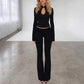 Black Two Piece Set Keyhole Cutout Long Sleeve Crop Top and High Waist Flare Pants Elegant Fall Outfits Woman