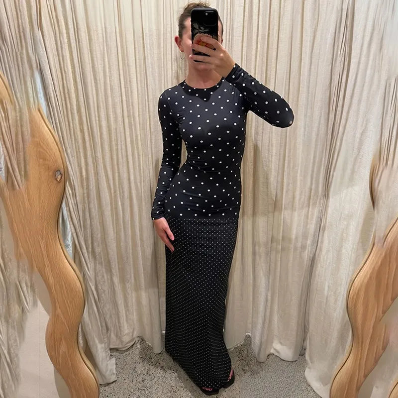 Black Long Sleeve Maxi Dress with White Polka Dot 2026 Fall Dresses for Woman Elegant Clothing