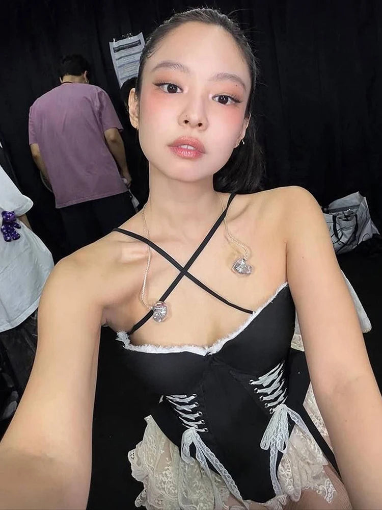 Fashion Halter Camisole Women Shirring Lace Patchwork Irregular Ruffle Hem Street Wild Music Festival Hottie Clubwear