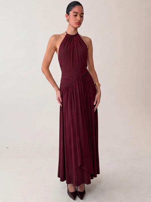 Women Halter Neck Sexy Maxi Dress Sleeveless Ruched Waist Draped Long Dress Elegant Evening Party Wedding Guest Dresses