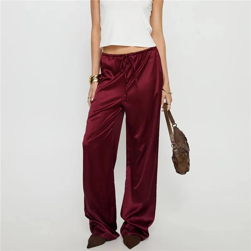 Women's Satin Silk Solid Color Pants Elegant Elastic Drawstring Waist Loose Fit Trousers for All Seasons Y2K Streetwear