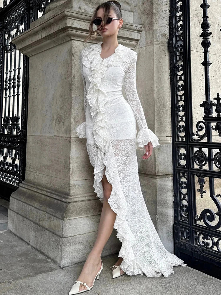 Jacquard Sexy Dress Women Autumn Trend Ruched Tierred V-Neck Split Wedding Dinner Elegant Party Skinny Maxi Bodycon