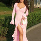 Flare Long Sleeve Ruffle Sexy Maxi Dress Women Autumn Pink V Neck Single-breasted High Waist Club Long Dresses Female