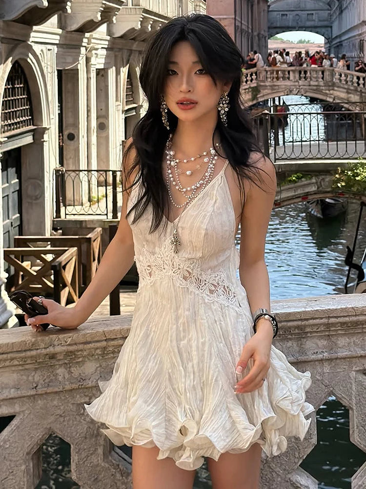 Lace Patchwork Sling Dress Woman Low-Neck Cross Bandage Backless Puffy Hem Sweet Girls Birthday Party Elegant Bodycon