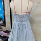 Women's Summer Halter Neck Tulle Mini Dress Glitter Sleeveless Open Back Cross Bandage Puffy Hem Cocktail Dress